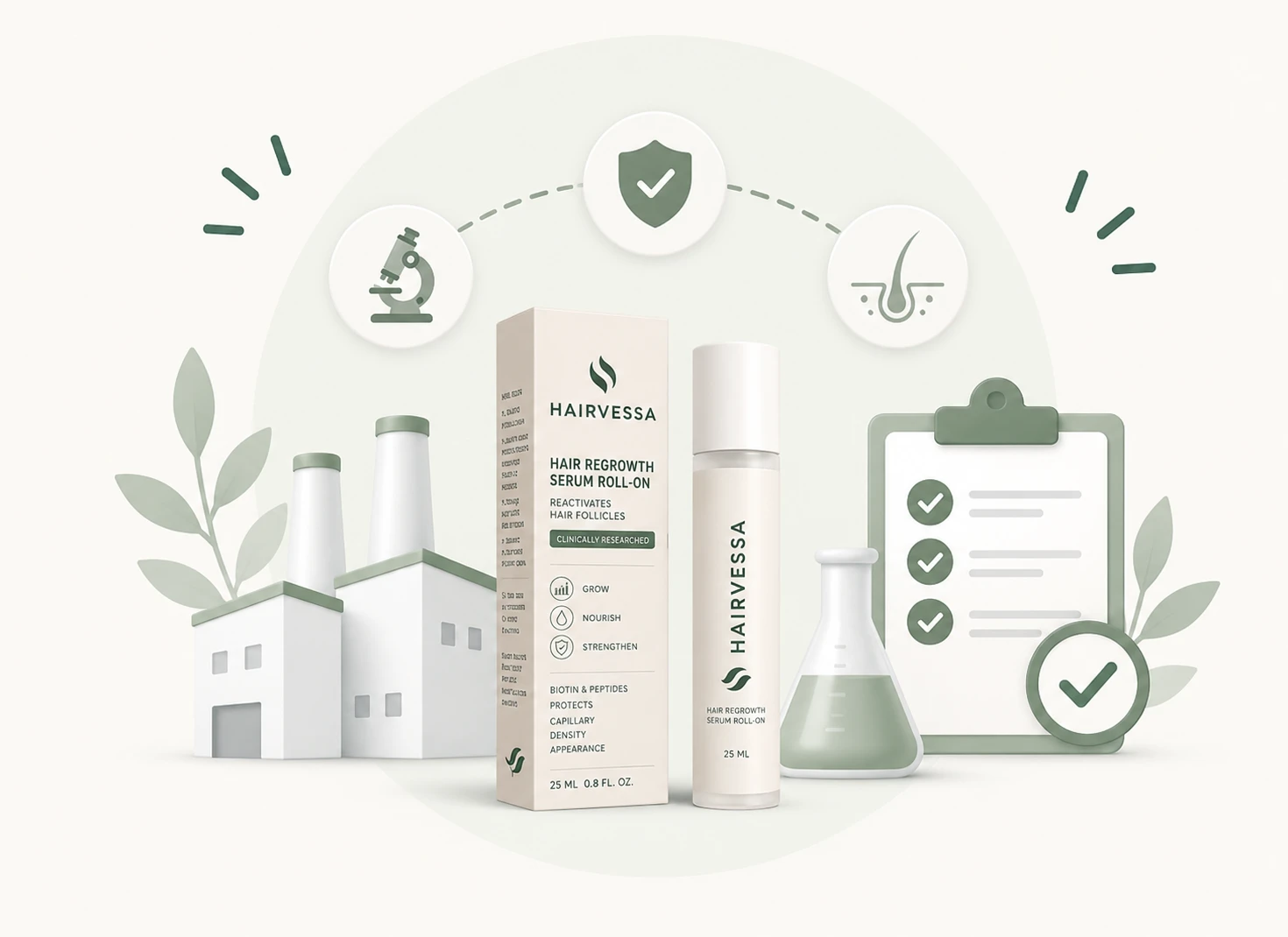 Illustration of a factory, a Hairvessa hair regrowth serum carton and bottle, a laboratory flask and a quality checklist with a check mark