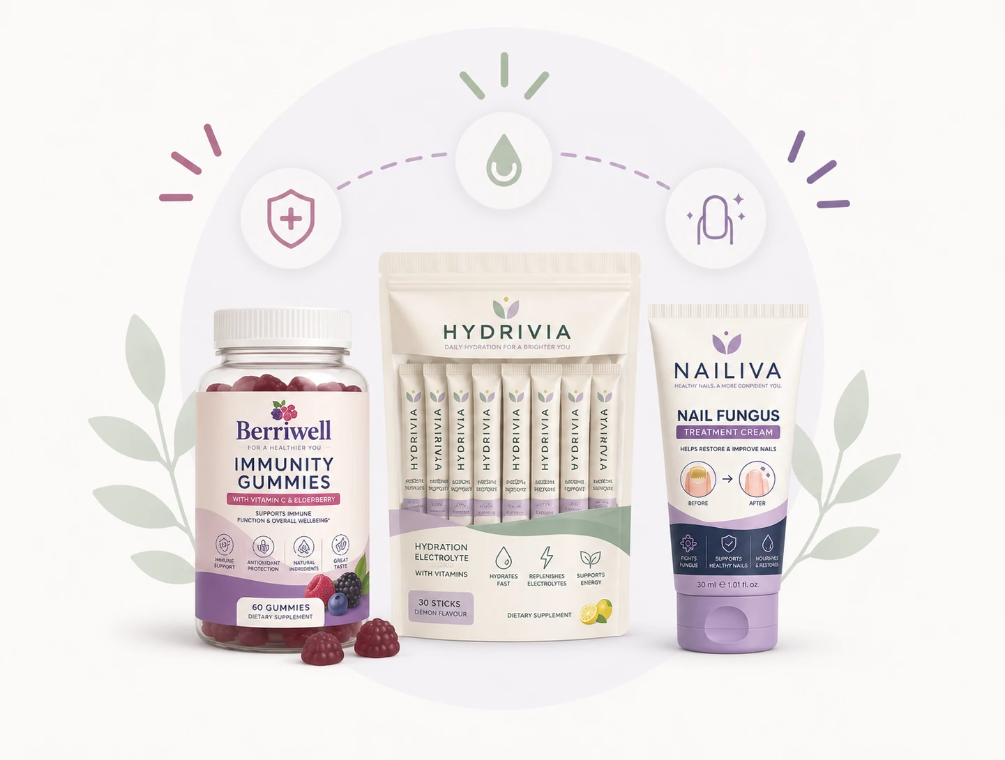 Illustration of Berriwell immunity gummies, Hydrivia hydration sticks and Nailiva nail cream under an arc of wellness icons